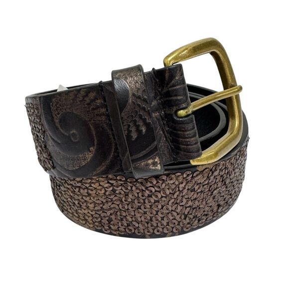Lucky Brand Women\'s‎ Size Small Brown Leather Embossed Boho Fashion Belt NWT